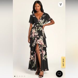 NWT Lulus Black Floral Print Tiered Maxi Dress size L